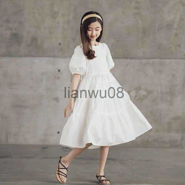 

girl's dresses 2023 girls summer white dresses solid cotton swing dress puff sleeve casual teenager children clothing ruffles 8 9 10 11, Red;yellow