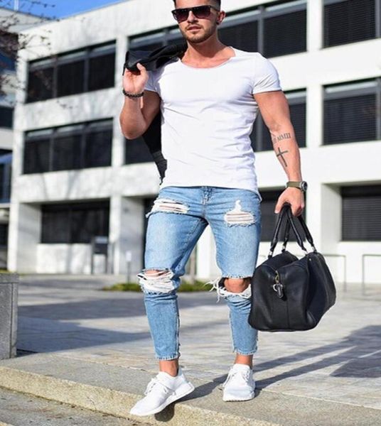 

mens ripped jeans casual skinny slim fit denim pants biker hip hop jeans with holel skinny distressed3781764, Blue