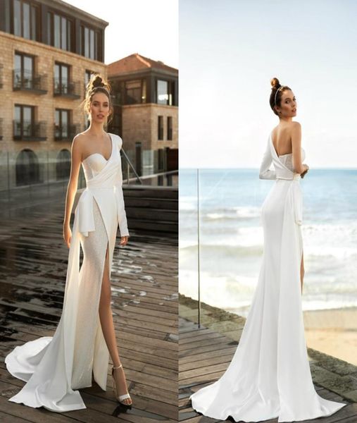 

plus size wedding dresses bridal gowns one shoulder sequined lining illusion wedding gowns long sleeve side split vestido de noiva2969807, White