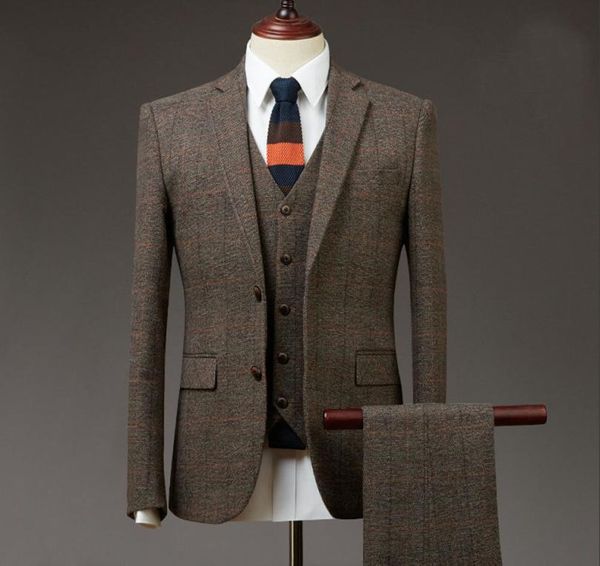 

2019 brown 3 piece mens suits tweed wool check suits regular fit groom tuxedos custom made9879330, Black;gray
