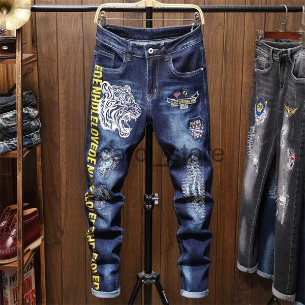 

men's jeans new men's autumn winter tiger head embroidered jeans personality blue stretch denim pants classic motorcycle hip hop t