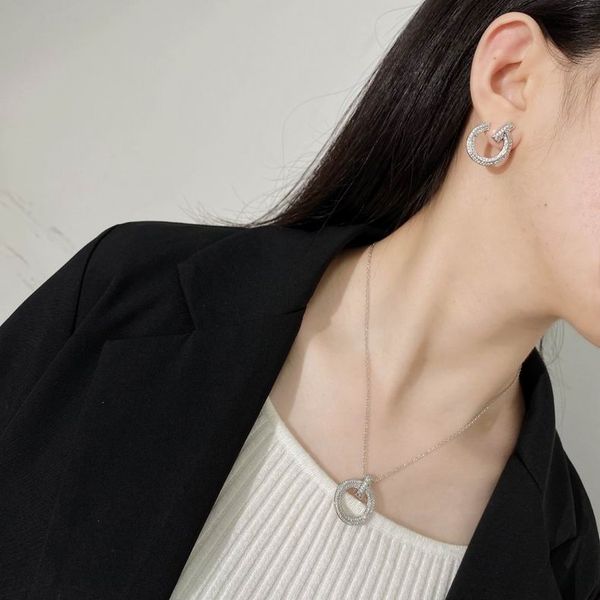 

2023 lovely cute long silver thin stainless steel chain two crystal diamonds rings pengent women necklace earrings suit with dust bag and bo, Black