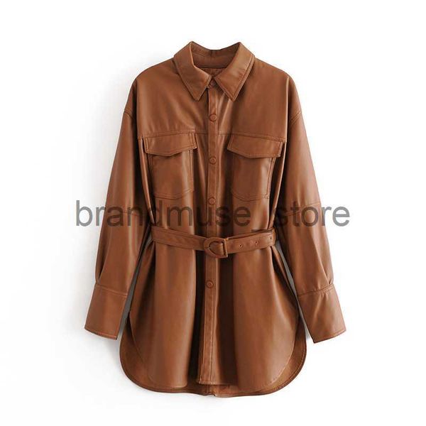 

women's jackets xnwmnz women 2020 fashion with belt faux leather loose jacket coat vintage long sleeve pockets female outerwear chic j, Black;brown