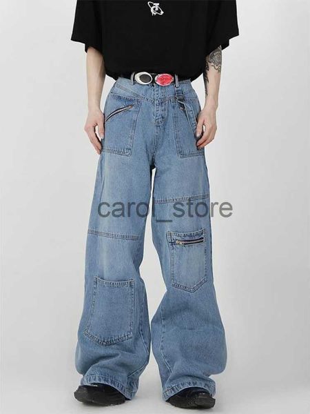 

men's jeans houzhou baggy cargo jeans men denim wide leg trousers male oversize casual streetwear hip hop pocket zipper safari style j2, Blue