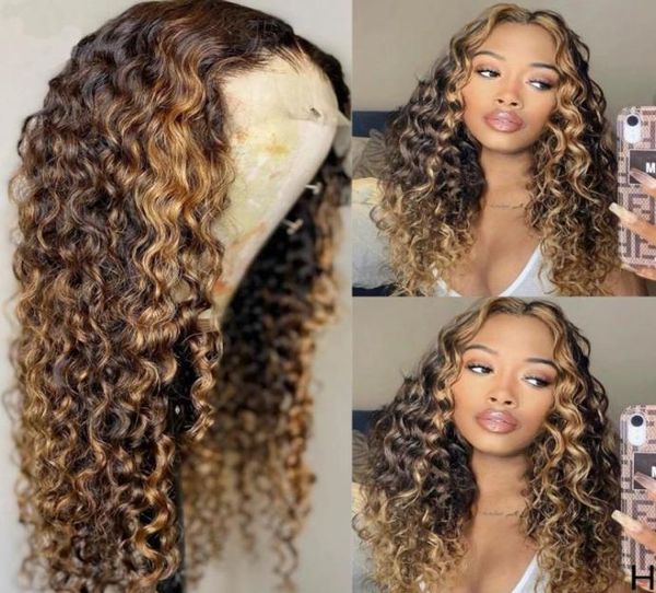 

360 frontal wigs peruvian bouncy curly highlight brown laces front human hairs with baby hair full lace for women bleached knots4216214, Black