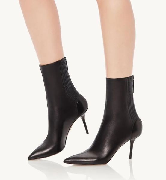 

elgant winter woman aquazzuras boot italy honore bootie genuine leather suede zip mid calf block heel stretch ankle boots ch heel rubber out, Black