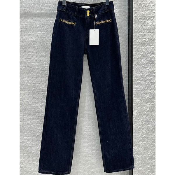 

8.6 high street fashion button chains decoration washed straight jeans women, Blue
