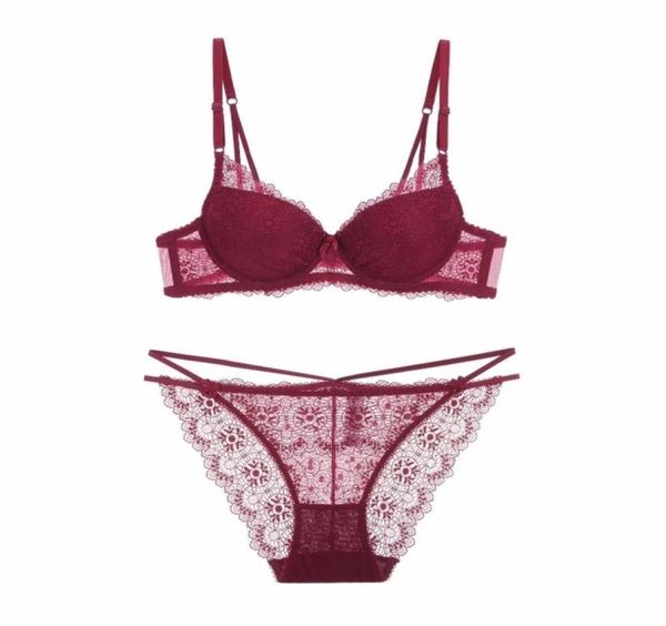 

new lace hollow deep v thin thin bra set beauty back bra underwear push up lingerle set y2007082218706, Red;black