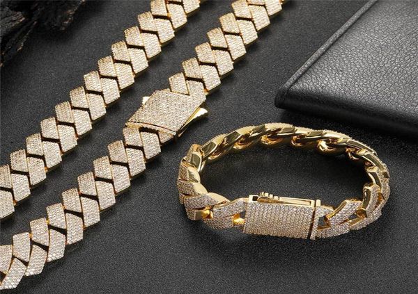 

19mm wide iced out chains bling cz stone gold plated miami cuban link chain necklace bracelet men039s hip hop necklaces jewelry2655763, Silver