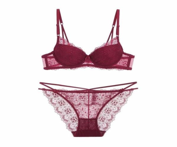 

new lace hollow deep v thin thin bra set beauty back bra underwear push up lingerle set y2007085004799, Red;black