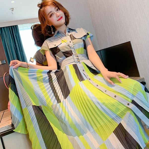 

dress summer designer woman clothes fashion turn down collar shirt patchwork print midi pleated dress2297033, Black;gray