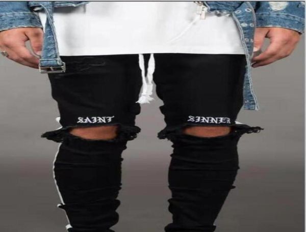 

letter print new mens jean pantalones street black holes designer white stripes jeans hiphop skateboard pencil pants94971054868141, Blue
