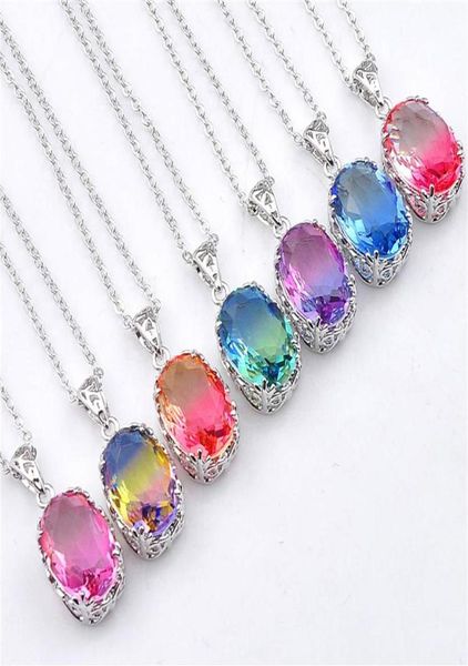 

12pcs lot luckyshine vintage mix color ellipse bi colored tourmaline 925 silver necklace women fashion cz pendant sets ship275s279145072