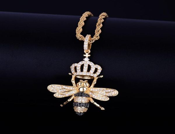 

animal crown bee necklace pendants gold silver color iced cubic zircon men039s hip hop jewelry with tennis chain8678213