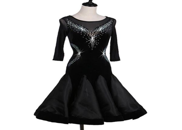 

black adult/girl latin dance dress salsa tango cha cha ballroom competition dance dress mesh stitching rhine velvet dress custom 0095286915, Black;red