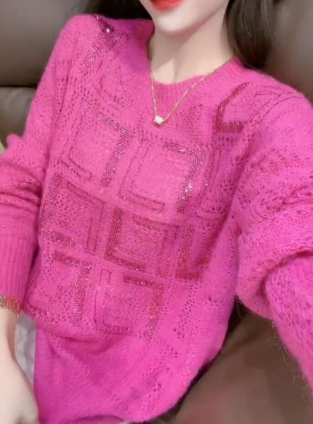 

autumn new women's high end diamond knitted sweaters fashion pink hollow versatile round neck long sleeve pullover sweatshirts, White;black