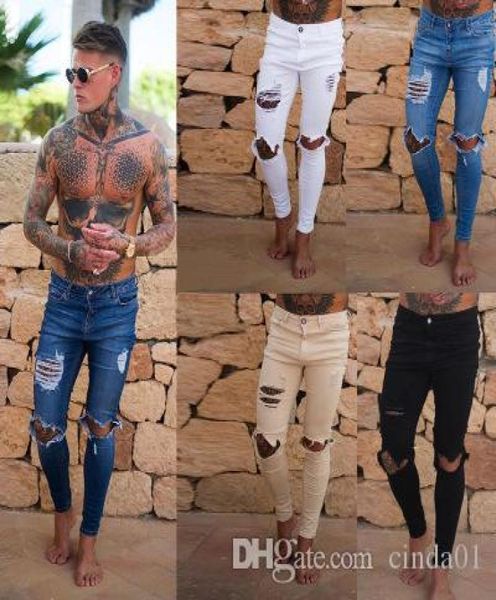 

mens ripped denim jeans male skinny slim fit pencil pants casual hip hop trousers with holes6325436, Blue