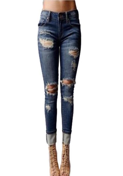 

selling women039s juniors distressed ripped slim fit stretchy jeans skinny denim capris pants broken holes design8054342, Blue