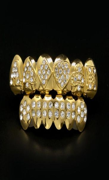 

trendy party props hip hop bling jewelry bio copper gold teeth grillz caps bottom with cz poker charm grill set tooth socket3623705, Black