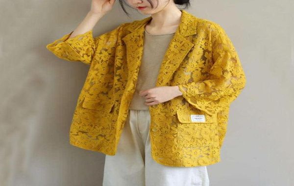 

women039s suits blazers hollow lace blazer women 2021 summer loose elegant vneck preppy style solid cardigan womens jack5237293, White;black