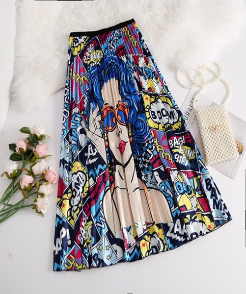 

womens europe america character print cartoon umbrella skirt cartoon vintage pleated print midi skirt big swing streetstyle high w2858749, Black