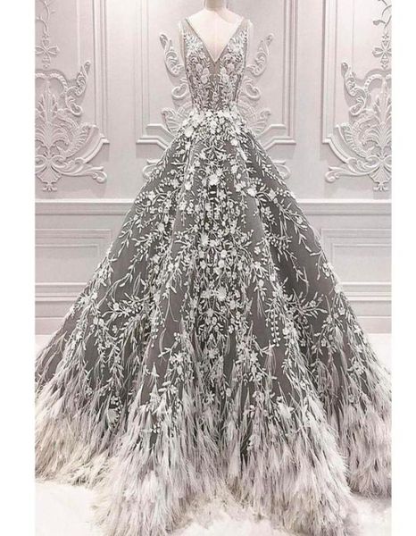 

grey v neck feather evening dresses lace appliques puffy skirt ruffles celebrity gowns sleeveless floor length prom dress 20202774883, Black;red
