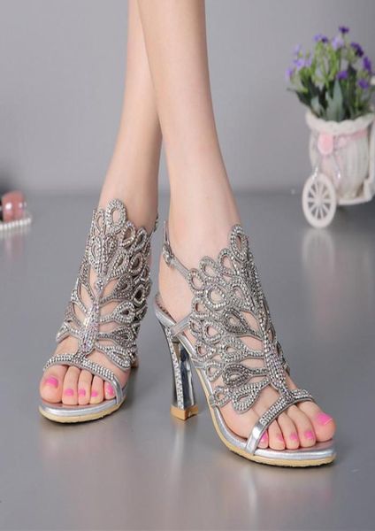 

summer new sandals chunky heel floral silver wedding dress shoes rhinestone luxurious genuine leather prom party high heels8027182, Black