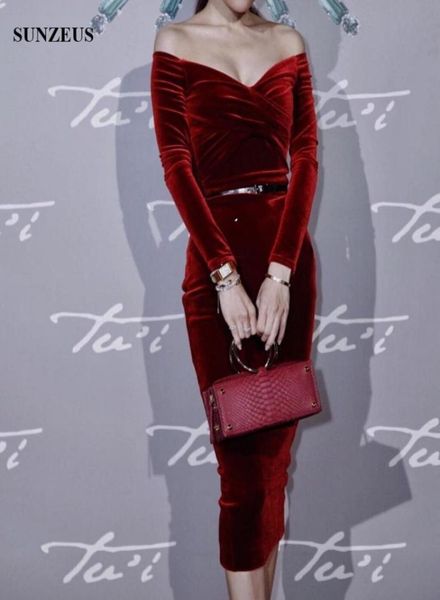 

sheath tea length off shoulder long sleeves evening dress burgundy velvet formal party gowns red carpet dresses vestido longo fest3392789, Black;red