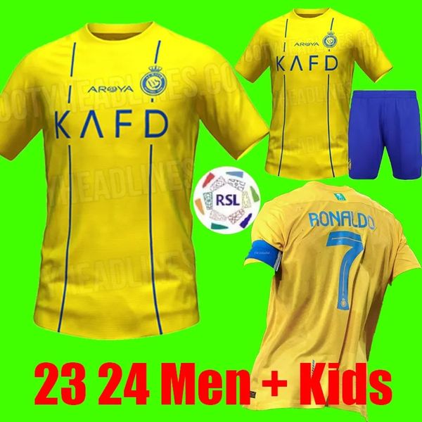 

23 24 Al Nassr FC Ronaldo soccer Jerseys Men Kids Kit uniform Home yellow CR7 boys Football shiirt BENZEMA Homes and away Fans Player Version jersey 2023 Saudi Arabia, 23 24 home adult + patch