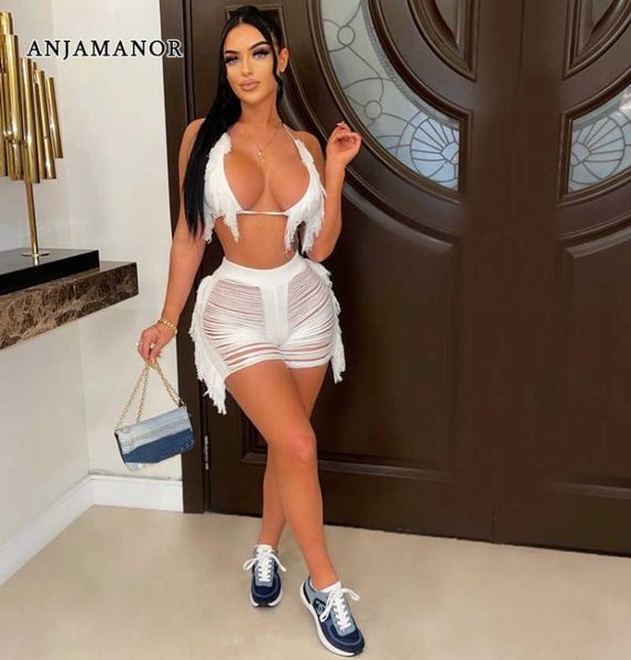 

women039s two piece pants anjamanor beach vacation two piece sets crochet knitted fringed shorts and bikini all white 2010838