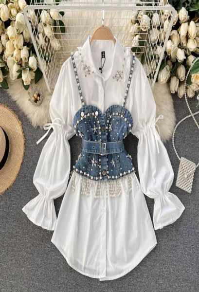 

work dresses chic women suits fashion diamondstudded beaded long sleeve white elegant shirt blouse tassel pearl denim vest two 1843524, White;black