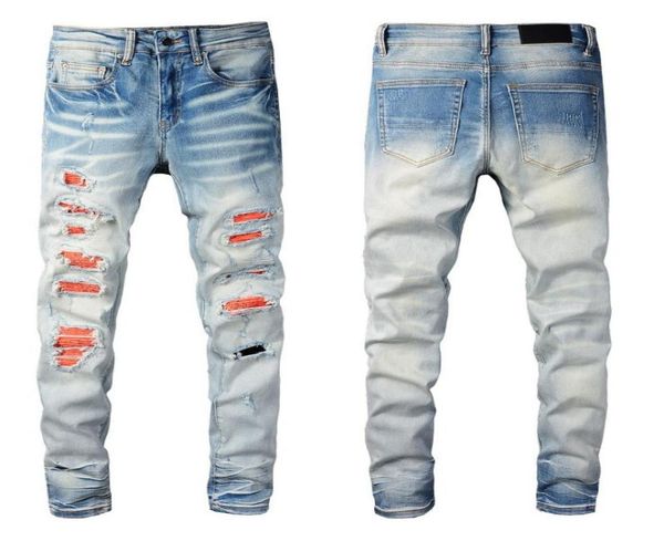 

men039s jeans high street blue gradient knee ripped orange patch pants light blue slim skinny trousers7724038