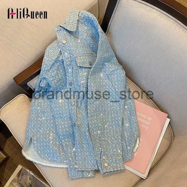 

women's jackets korean shiny sequins jean jacket women denim jackets female vintage loose frayed denim coat girls casual outwear woman, Black;brown