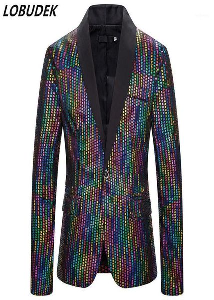 

multicolor shiny sequins blazer one button slim fit sequined casual coat stage wear male singer host bar party blazers costume19807376, White;black