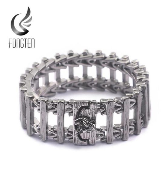 

fongten wolf charm hollow mens bracelet punk viking stainless steel special rock bracelets wide heavy fashion jewelry link chain685715094, Black
