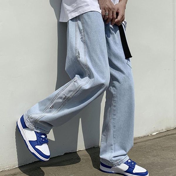 

men's jeans korean fashion baggy classic all-match solid color straight-leg denim wide-leg pants male light blue black