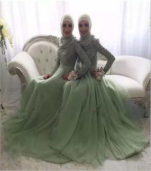 

elegant 2019 muslim bridesmaid dresses modest jewel neck long sleeves green lace and tulle arabic dresses for wedding maid of hono5840424, White;pink