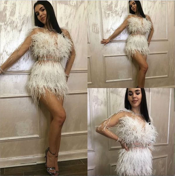 

2023 sheer long sleeve prom dresses beaded jewel neck luxury feather illusion evening dress short mini cocktail party gowns, Black