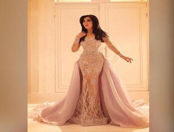 

champagne lace long sleeves mermaid evening dresses overskirt formal party gowns detachable tulle skirts arabic prom dress robes d7504991, Black;red