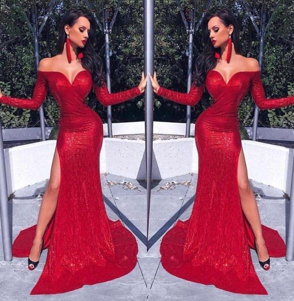 

2020 red off shoulder sequined mermaid long prom dresses long sleeves split floor length formal evening dresses robes de soir5921528, Black