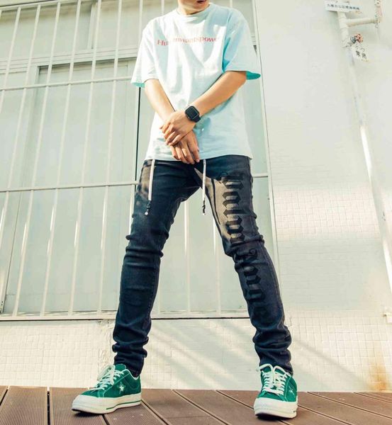 

palm new ins fashion drawstring large print black pants casual skinny jeans men7876613