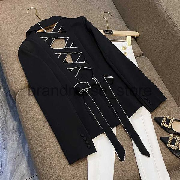 

women's jackets kusahiki fashion elegant bandage hollow-out suit jacket causal long sleeve turn-down collar korean women tailored coat, Black;brown