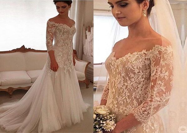 

western style popular wedding dresses v neck 34 long sleeves wedding gowns illusion sweep train lace and tulle custom made bridal3805043, White