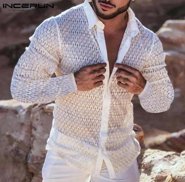 

men039s casual shirts men mesh shirt lapel long sleeve lace transparent 2021 clothing streetwear party nightclub camisas s7419561, White;black