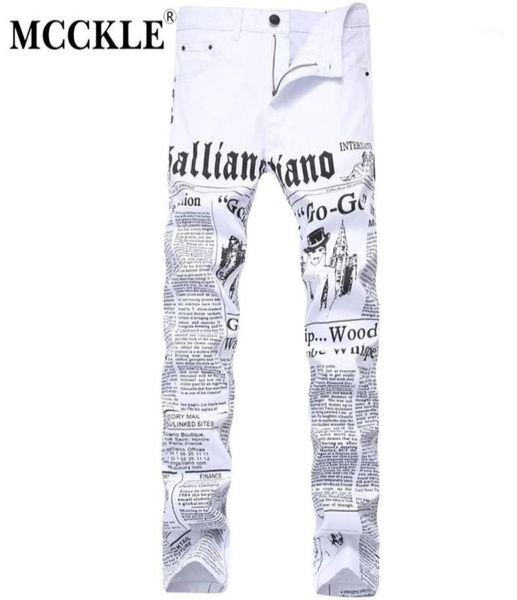 

mcckle 2017 autumn men denim trousers white printing newspaper casual pants mens painted skinny jeans for man size 284216758052, Blue
