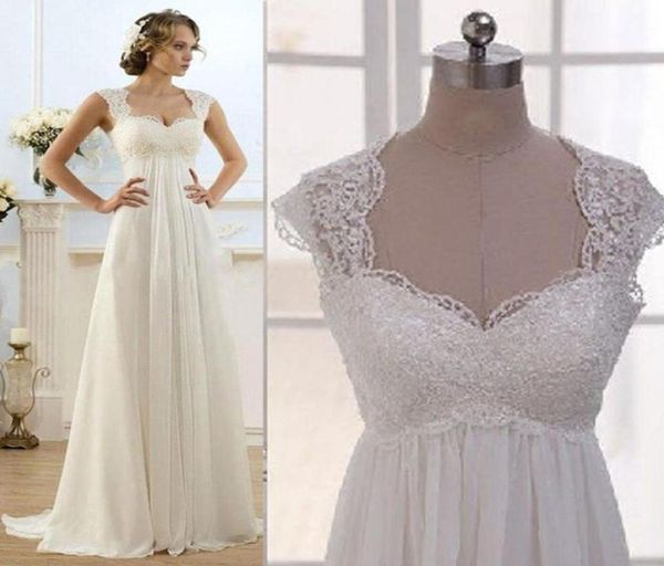 

vintage modest bridal wedding gowns capped sleeves empire waist plus size beach chiffon country style dresses2264405, White
