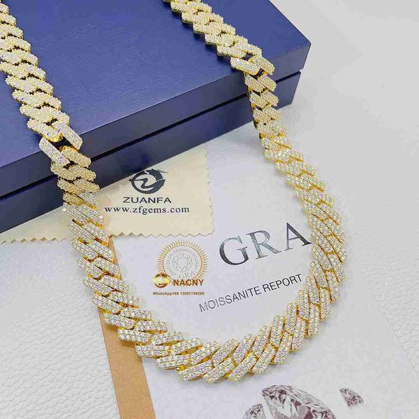 

15mm iced out necklace hip hop jewelry moissanite baguette vvs moissanite diamond 925 silver cuban link chain