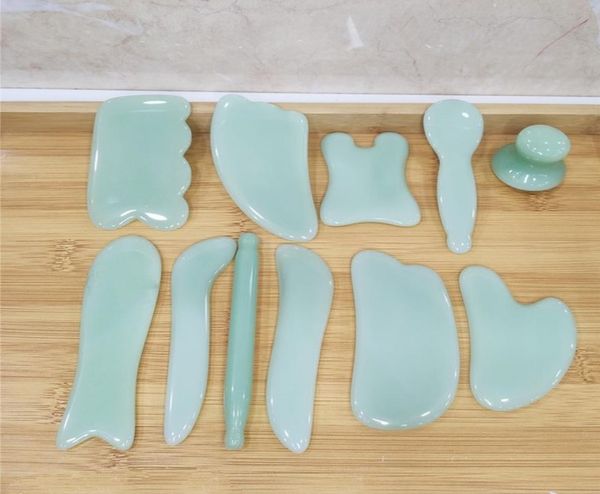 

11pcsset natural green jade guasha gua sha board scraching facial eyes scraping gua sha spa massage health care beauty massager6603509