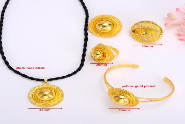 

wedding sets real 24k solid yellow thick gold gf pendant necklaces bangle ring earrings black rope chain luxurious festival jewell8629898