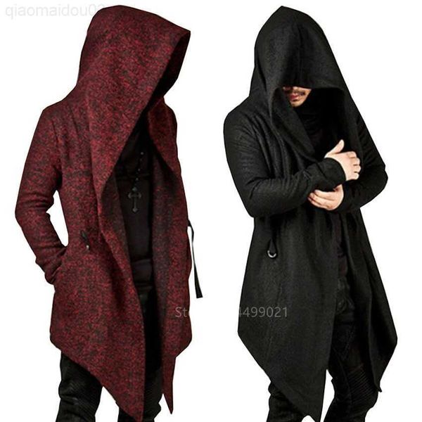 

theme costume halloween viking pirate cosplay come men punk gothic nordic irregular hooded jacket solid color casual fashion wizard trench l, Black;red